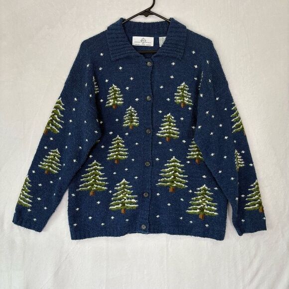 Philip & Jane Gordon Blue w/ Snowy Pine Tree Button Up Collared Cardigan Sweater - Picture 1 of 12